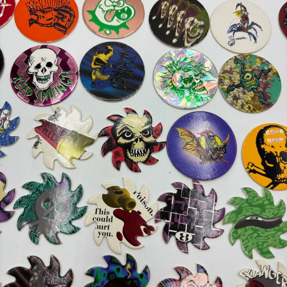 Vintage Pogs & Saw-blade Lot 53pc Skulls Poison 8-Ball 90s Games Good to Great